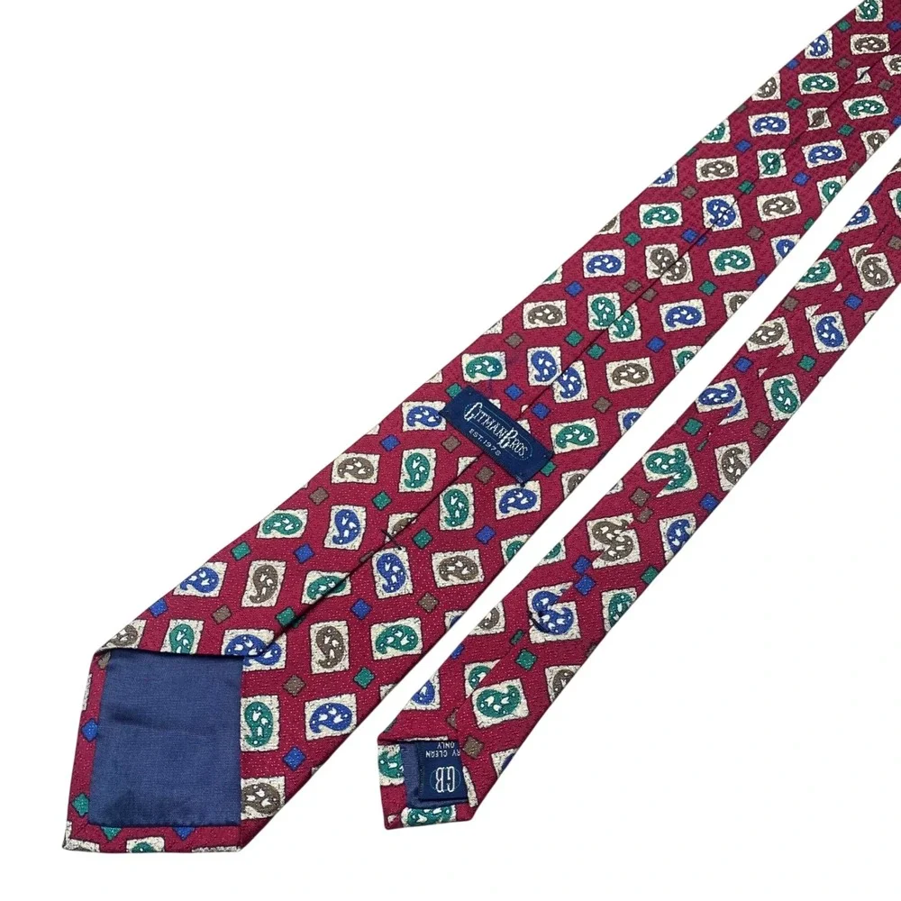Gitman Bros Vintage Mens Silk Tie Burgundy Paisley Geometric Hand Made 3.25 x 54